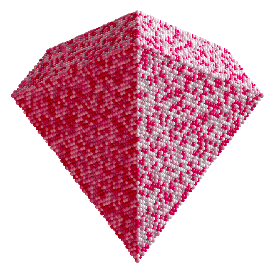 Small red and white spheres form pyramidal shape